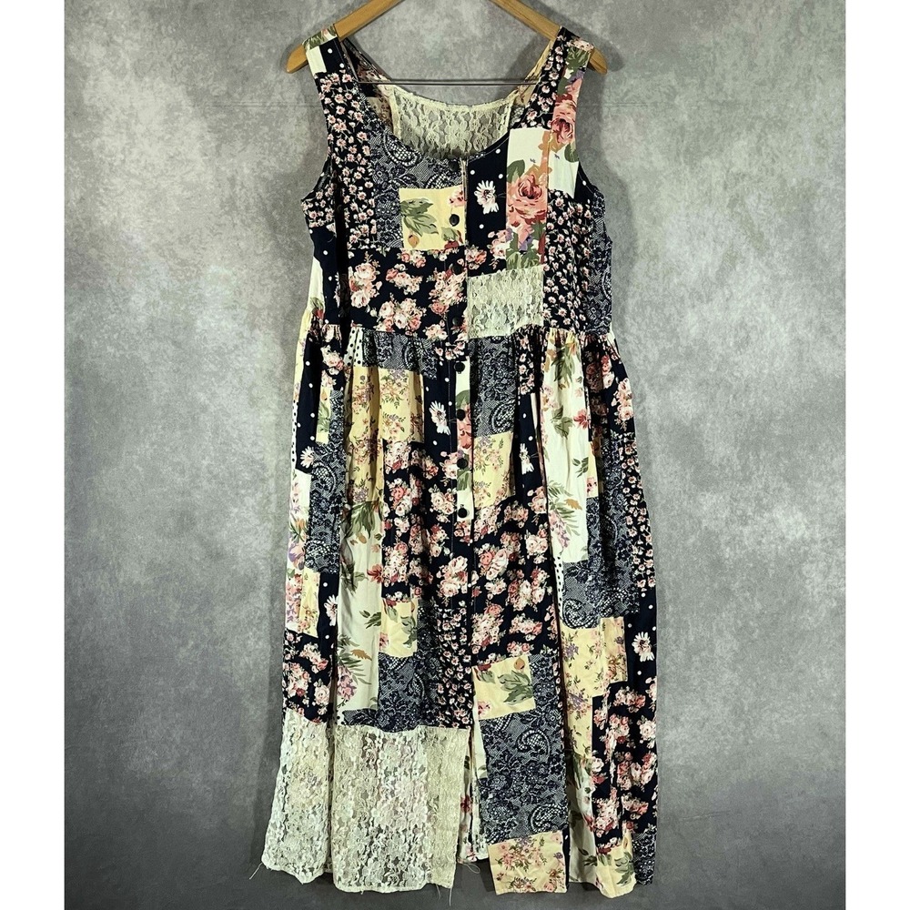 Enchante Chemise Dress Womens Medium Colorful Quilt Pattern Lace Button Cottage